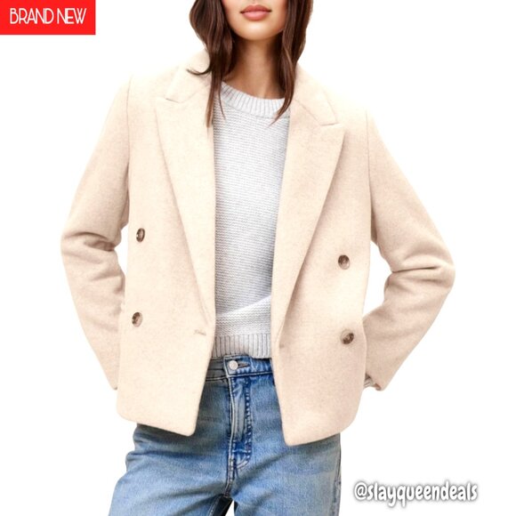 Womens Wool Blend Pea Coat Double Breasted Cropped Blazer Overcoat